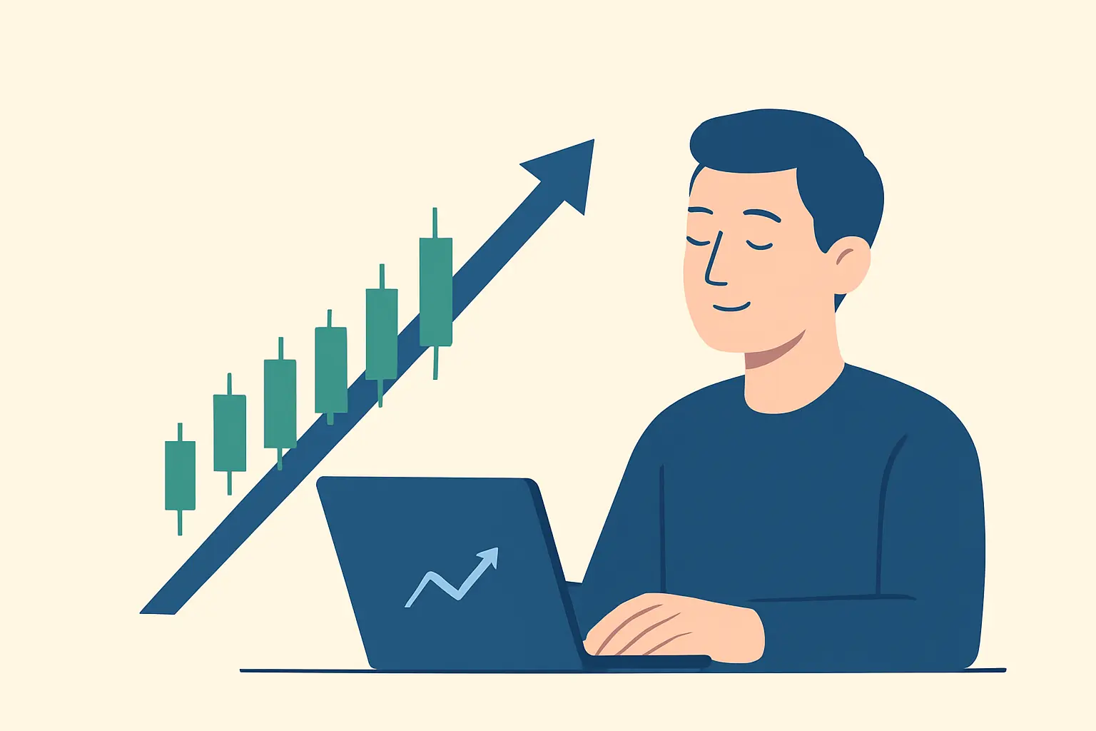 Gambar Hasil Akhir: chart naik + trader tenang